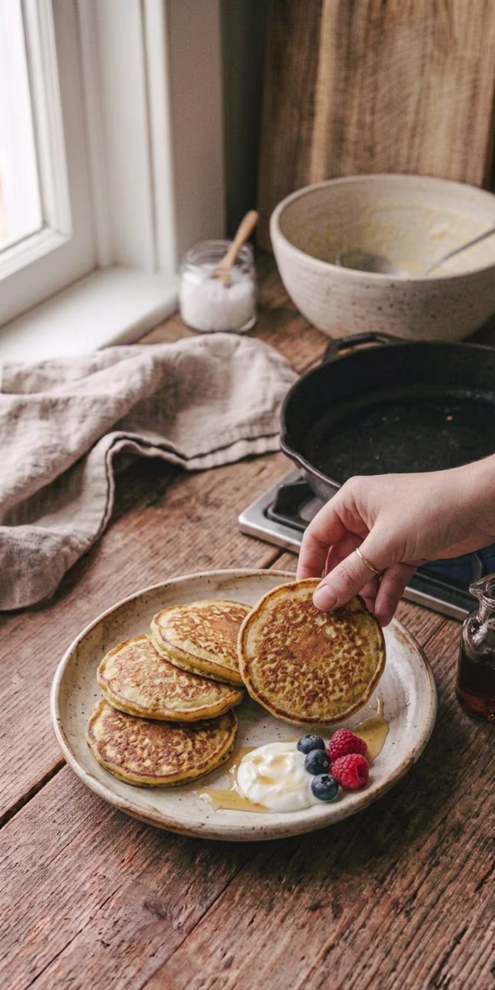 Stack of fluffy masa harina pancakes served warm with butter, fruit and maple syrup