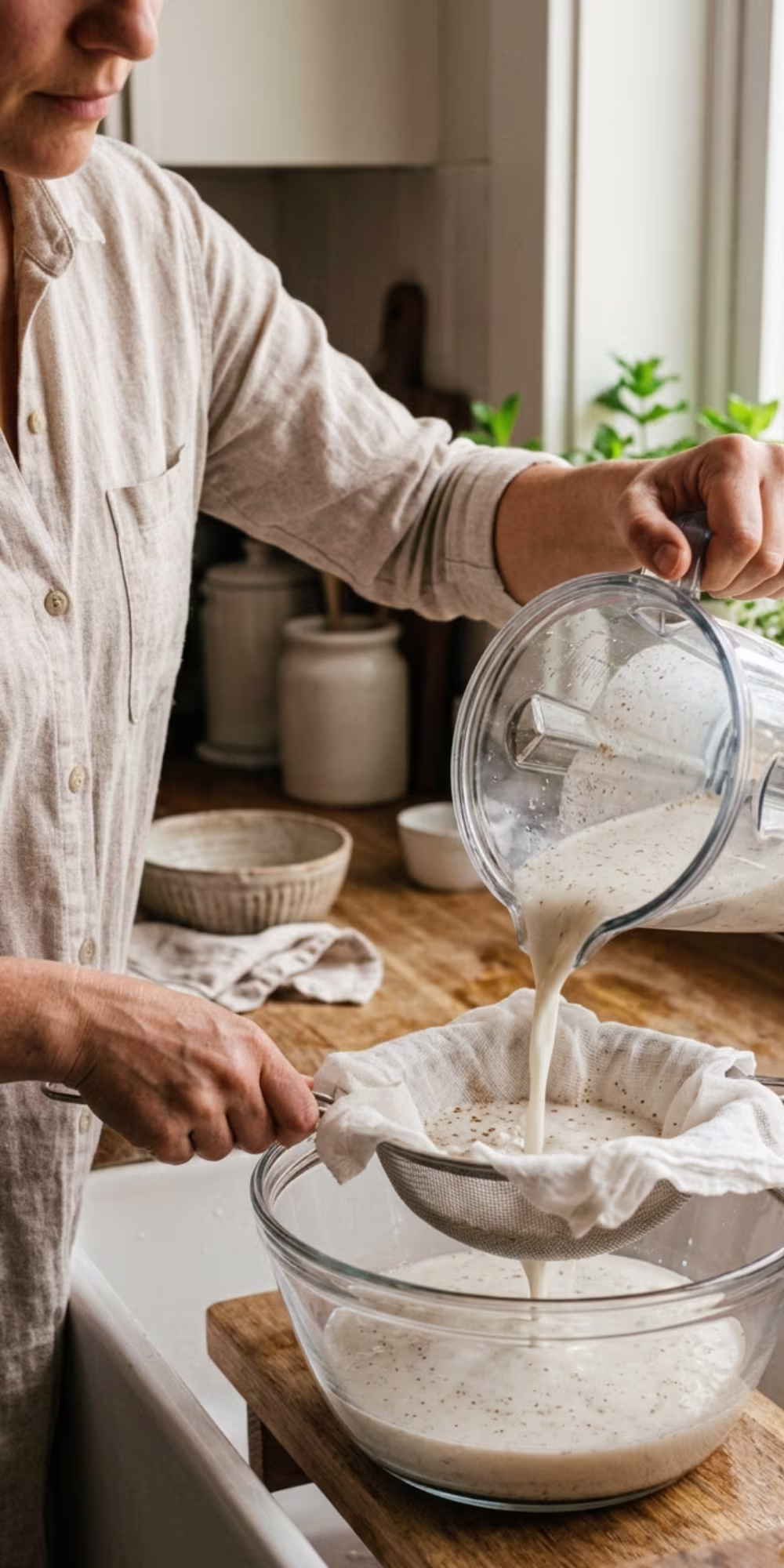 Straining homemade horchata through fine mesh sieve