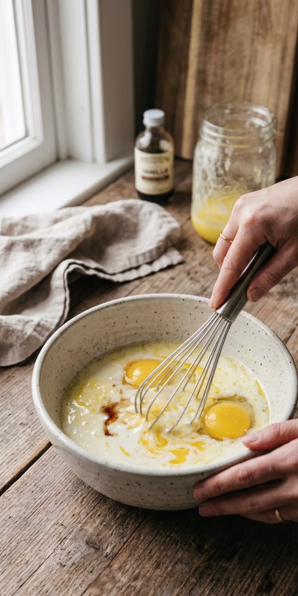 Eggs, milk and melted butter whisked together for masa harina pancake batter