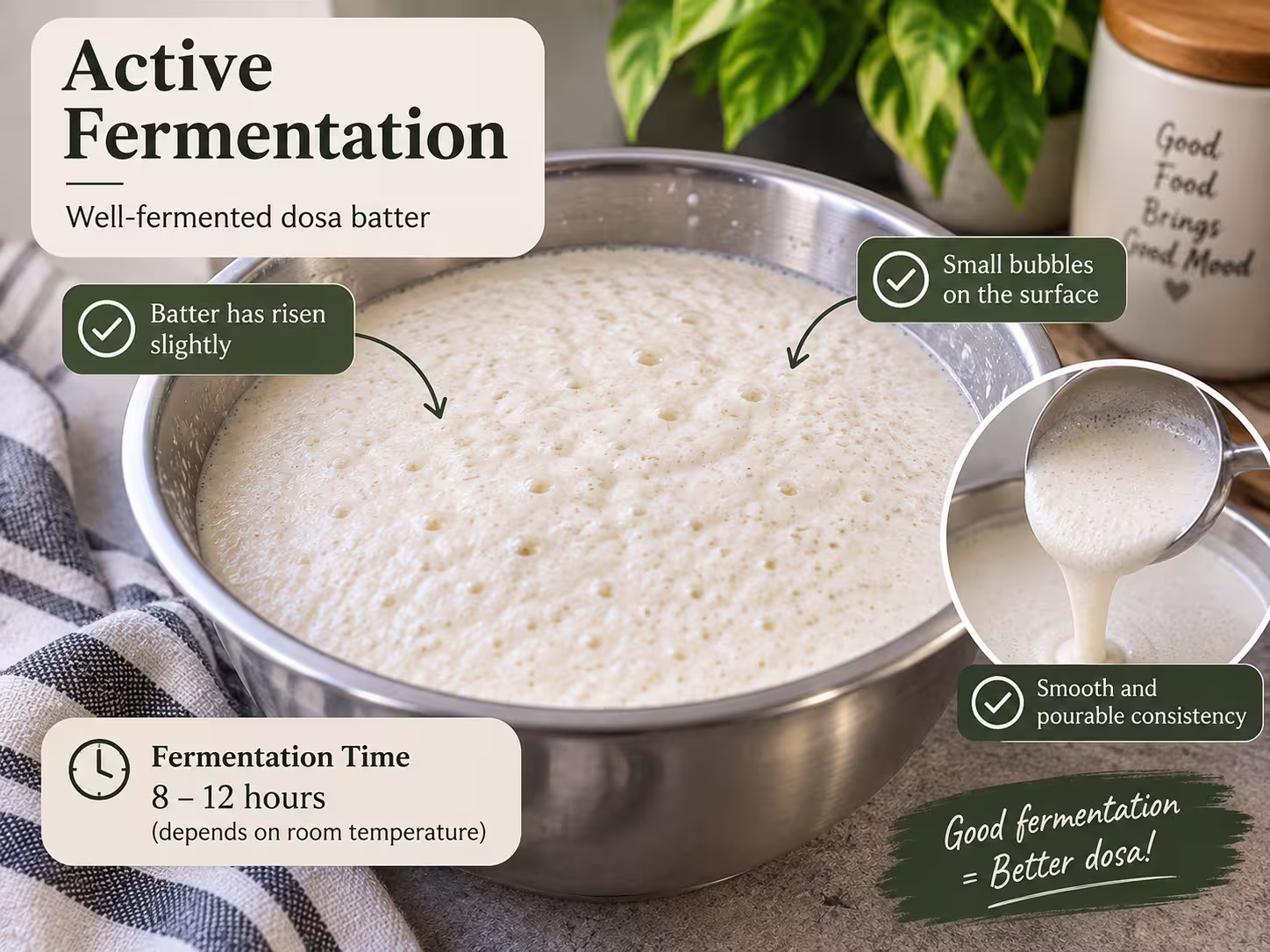 Fermented dosa batter with small bubbles on the surface
