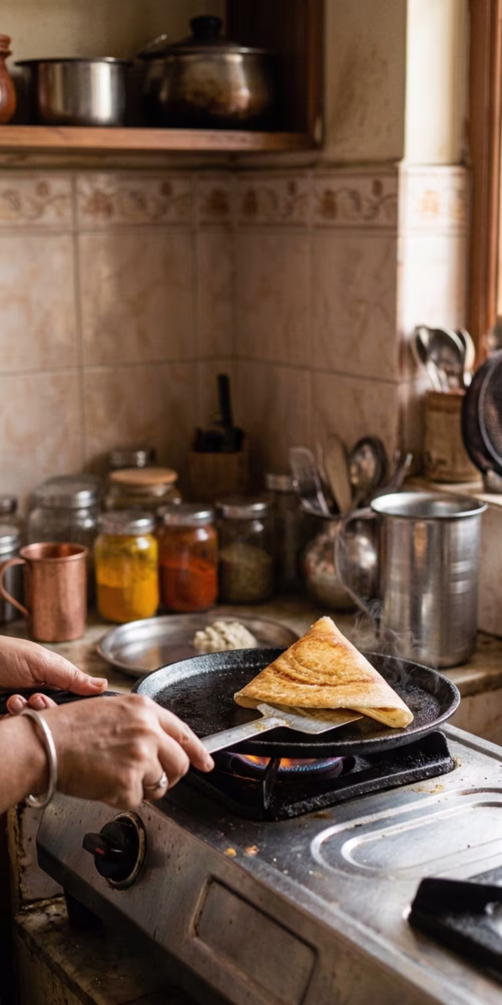Crispy golden dosa being folded after cooking
