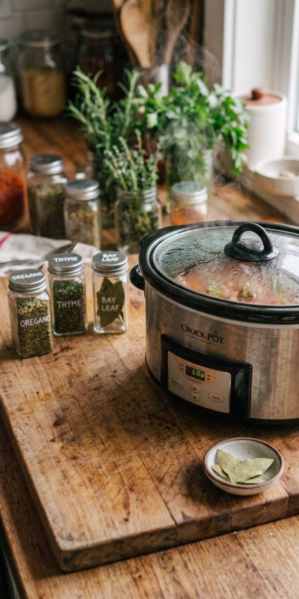 Crockpot filled with vegetables beans tomatoes and broth for slow cooker minestrone soup