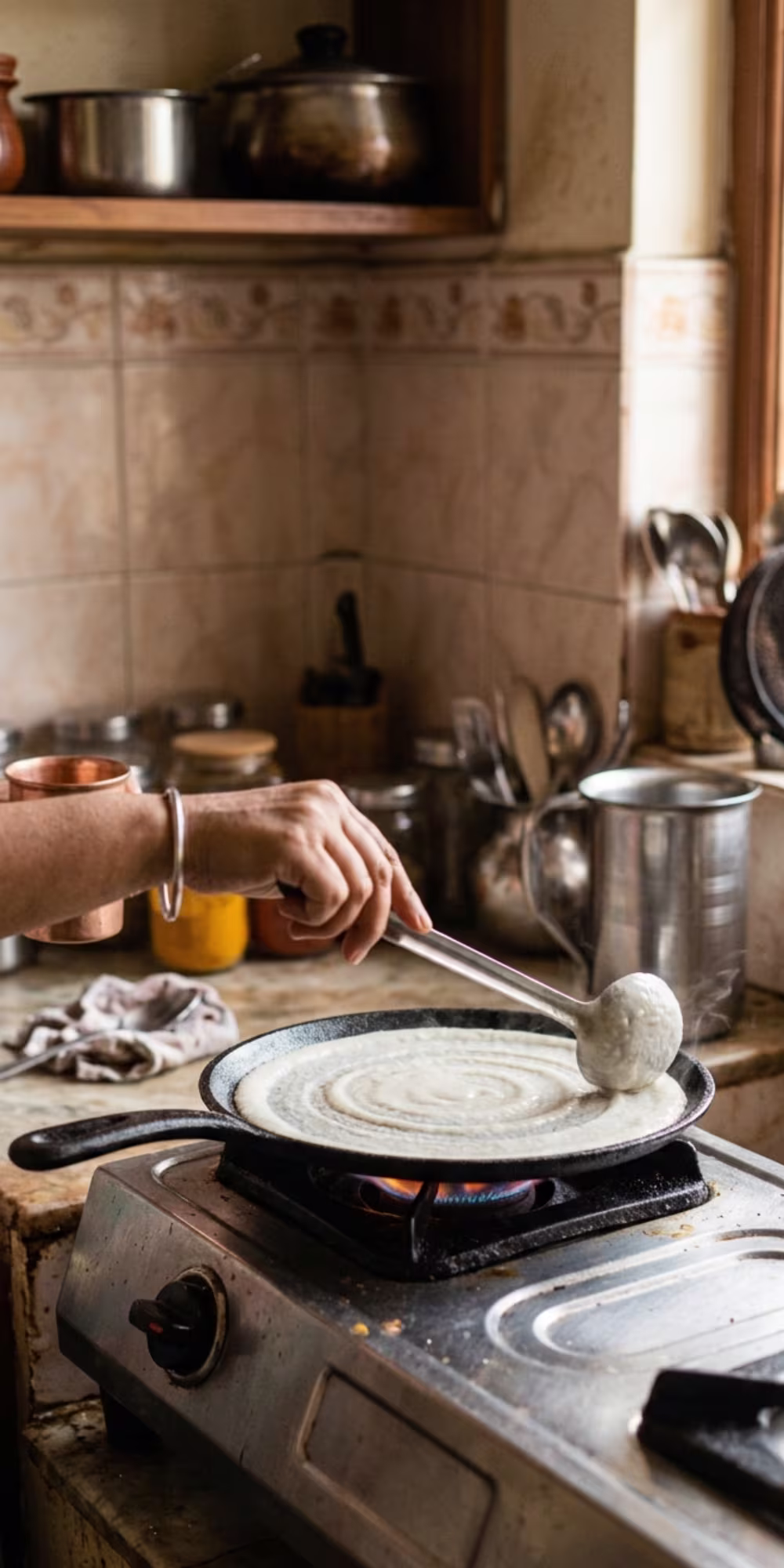 Dosa batter being spread into a thin circle with the back of a ladle