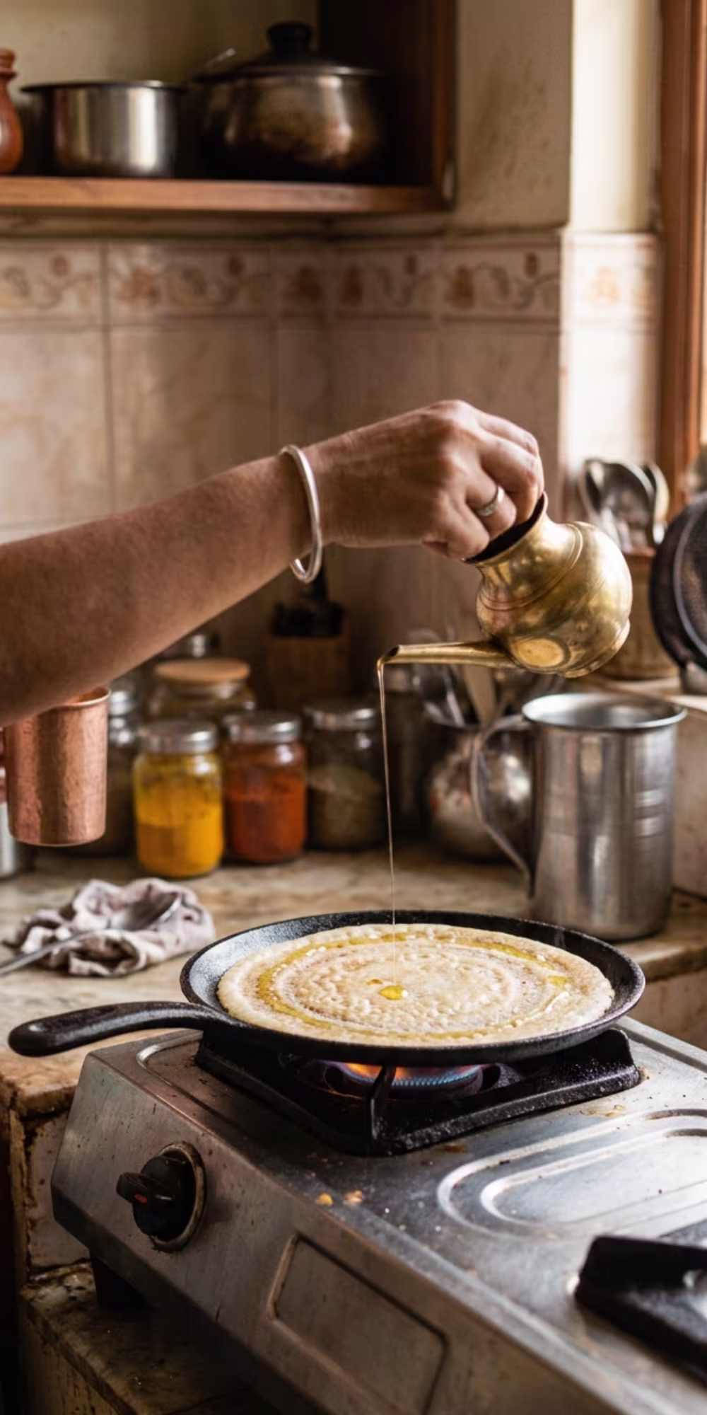 Oil drizzled around the edges of a thin dosa cooking on a tawa