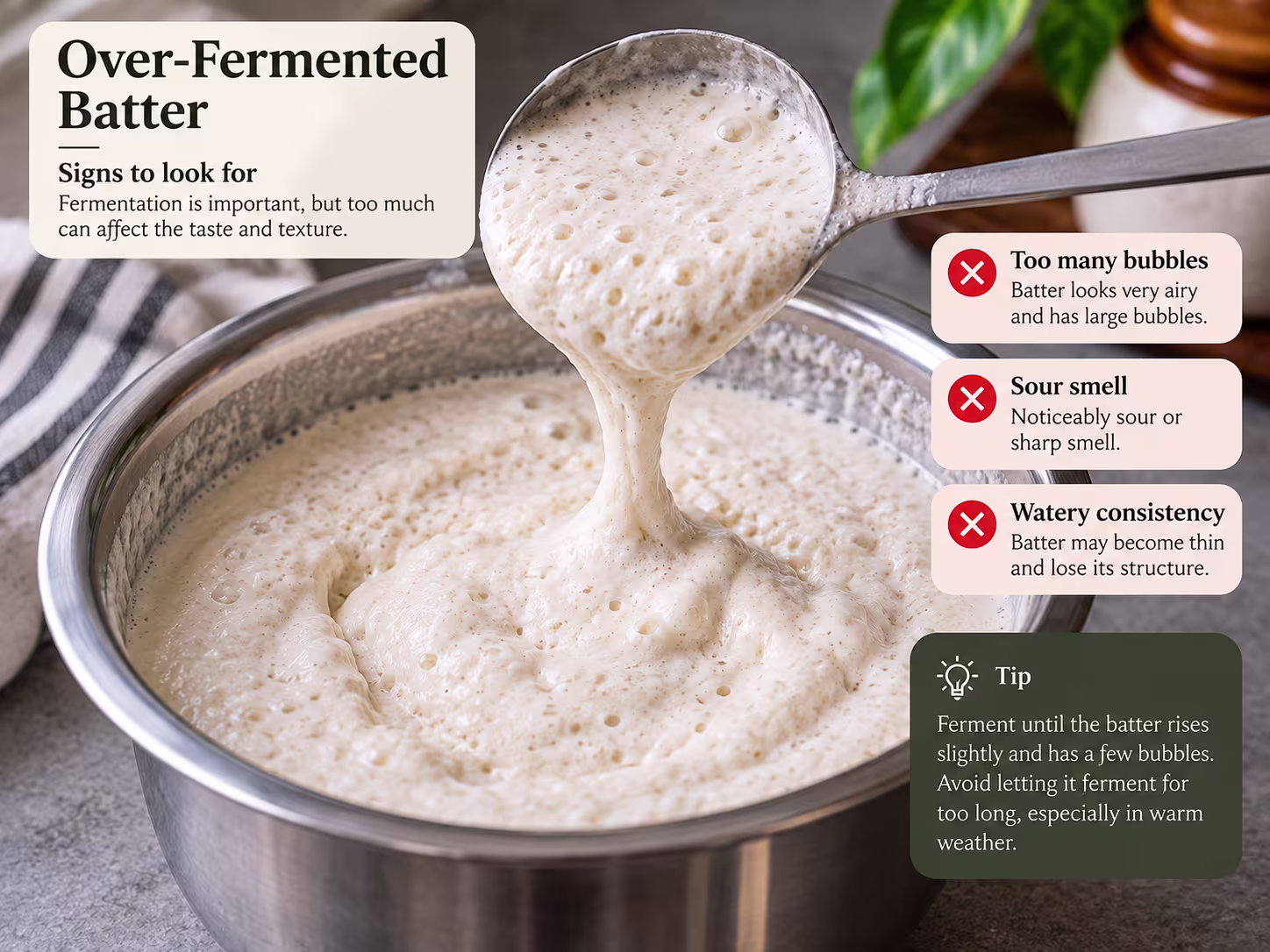 Over-fermented dosa batter showing excessive bubbling