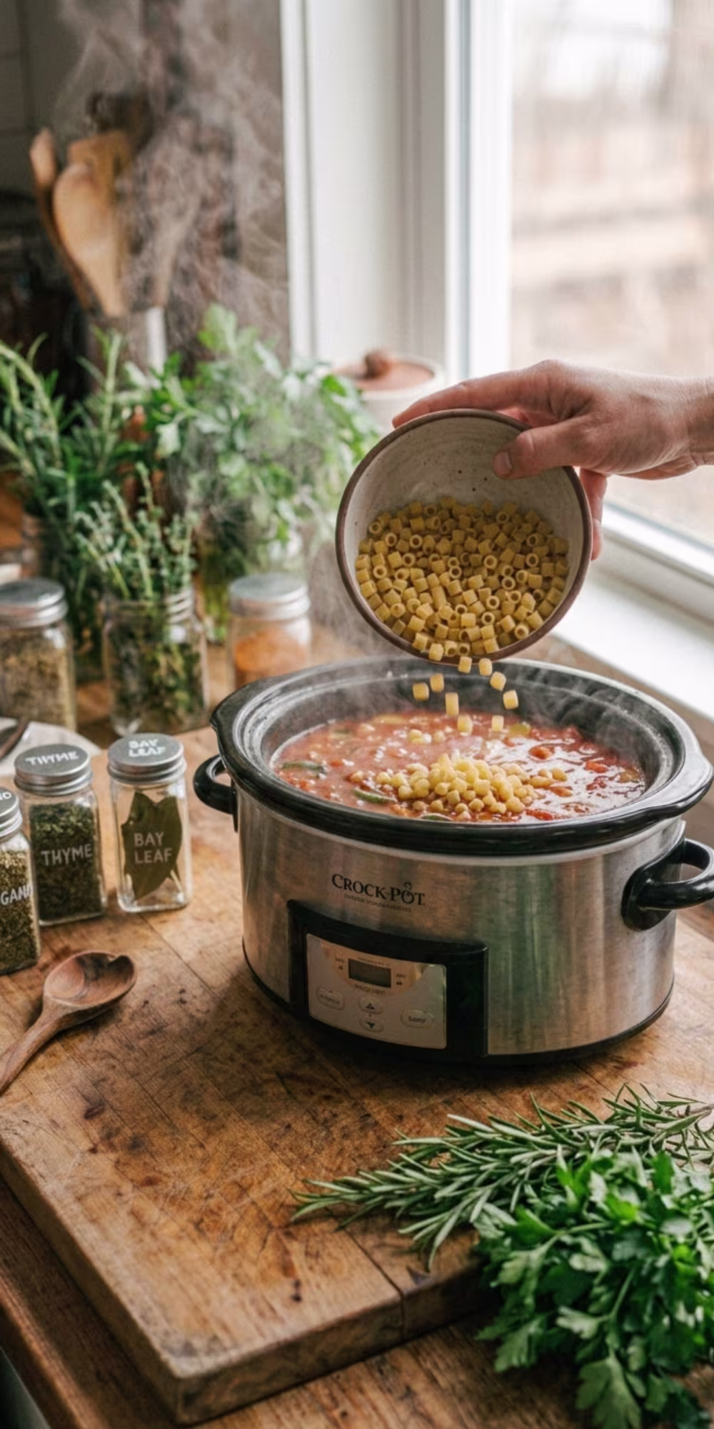 Small pasta being added to Crockpot minestrone soup near the end of cooking