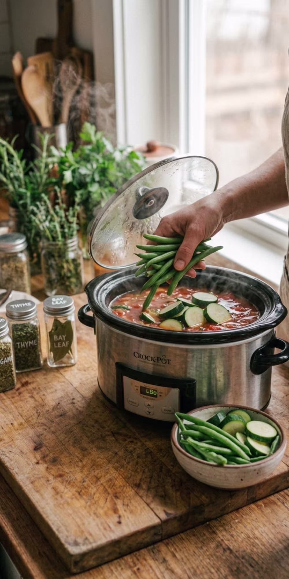 Tender vegetables and beans cooking in Crockpot minestrone soup