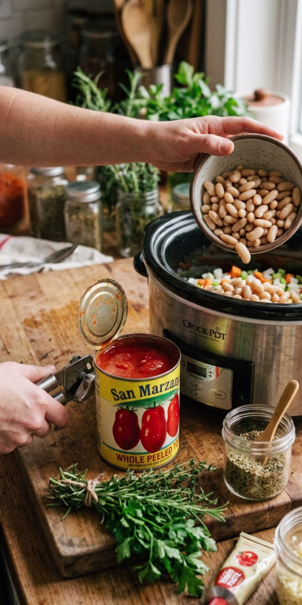 Vegetables, beans and tomatoes being added to a slow cooker for minestrone soup
