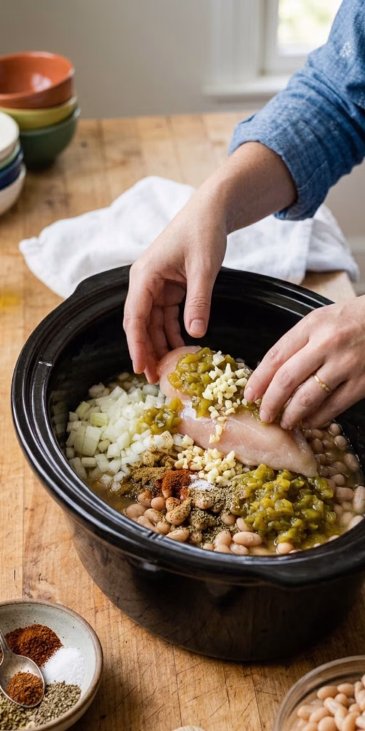 White beans green chiles onion and garlic added to chicken in slow cooker
