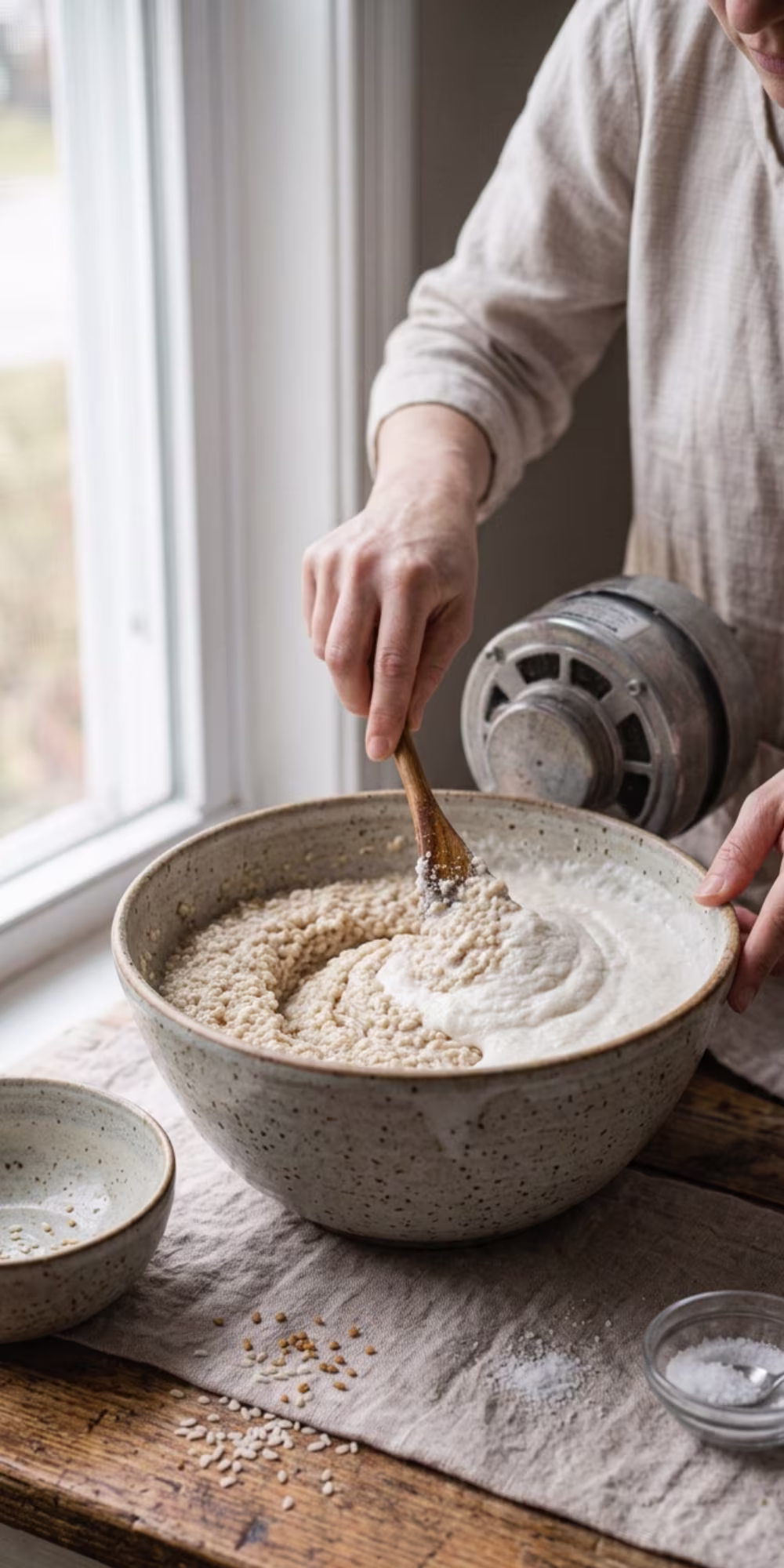 Rice batter and urad dal batter combined in a large bowl
