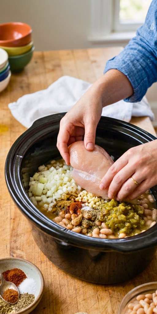 Raw chicken breasts arranged in a Crockpot for white chicken chili