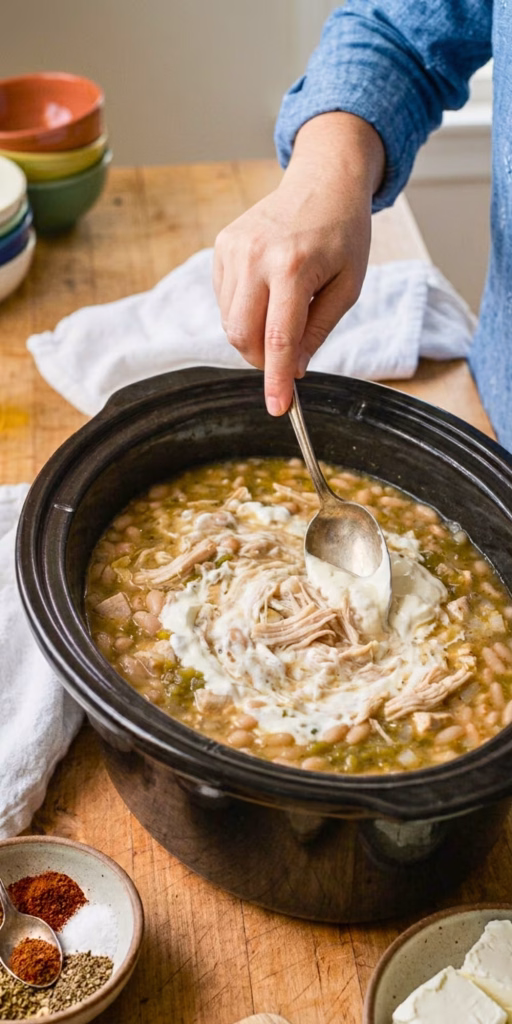 Creamy thick white chicken chili made in a Crockpot