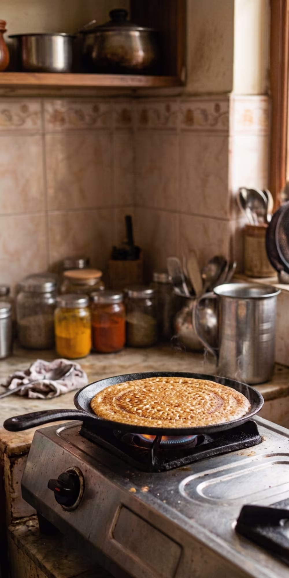 Thin golden crispy dosa cooking undisturbed on a cast iron tawa