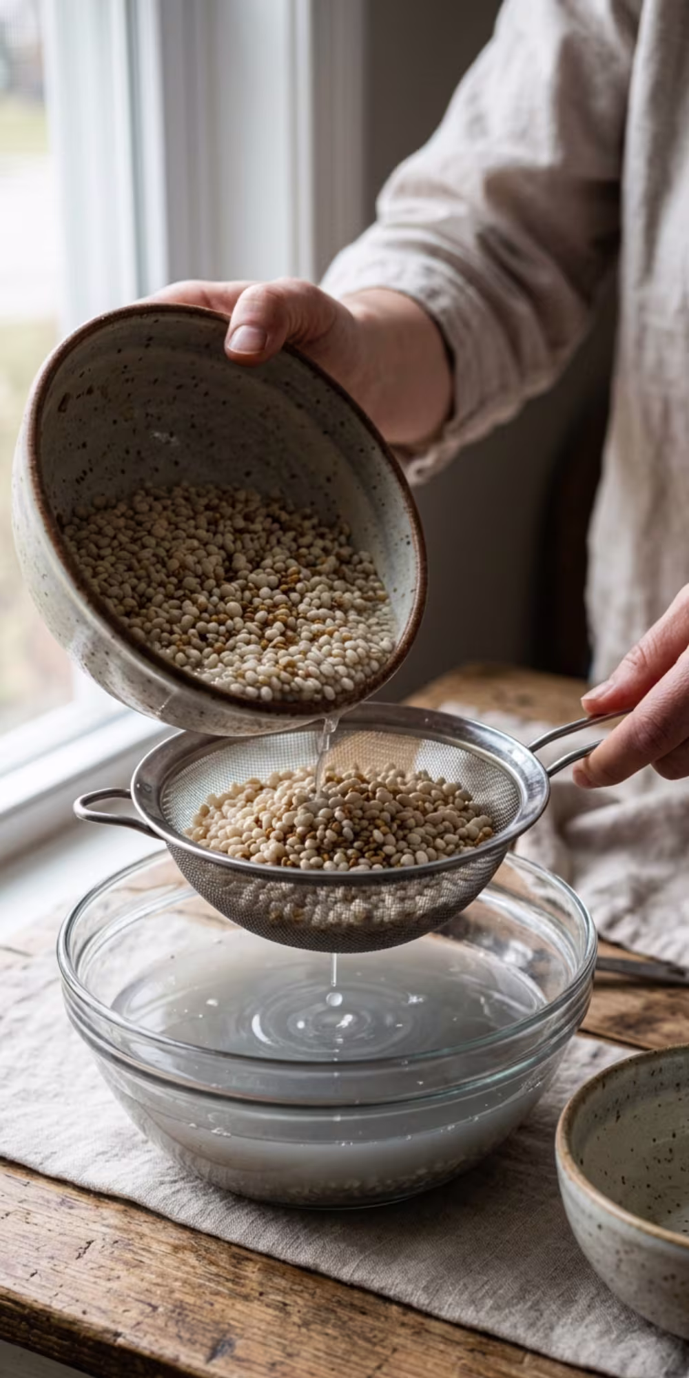 Soaked urad dal being drained before grinding for dosa batter