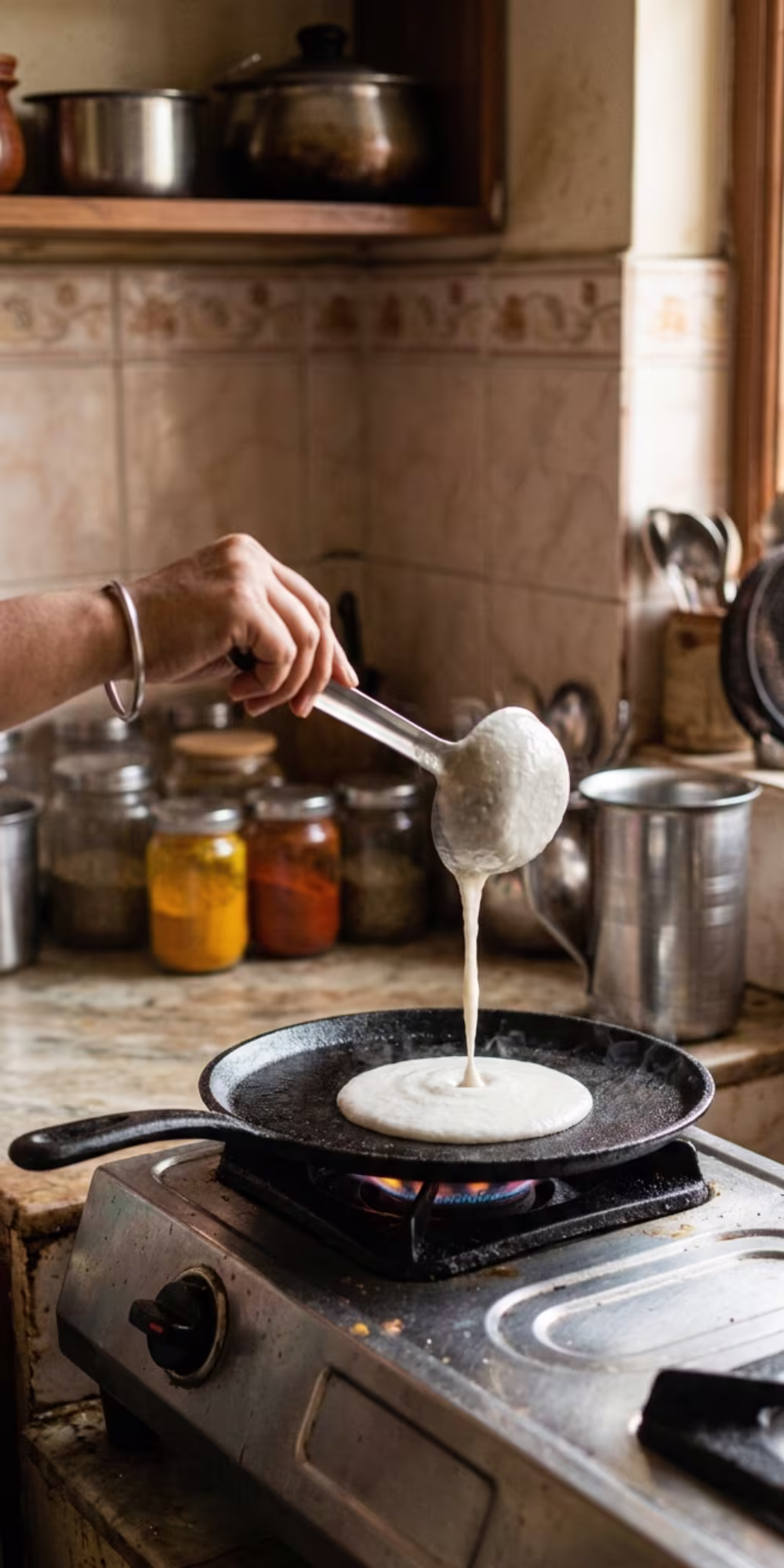 Ladle of fermented dosa batter poured onto the center of a hot tawa