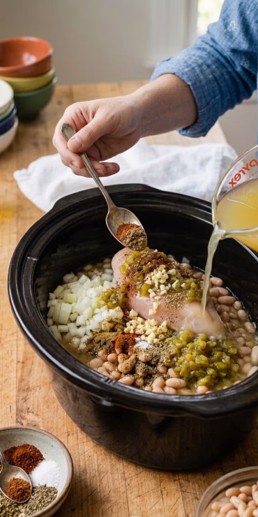 Seasonings and chicken broth added to Crockpot white chicken chili