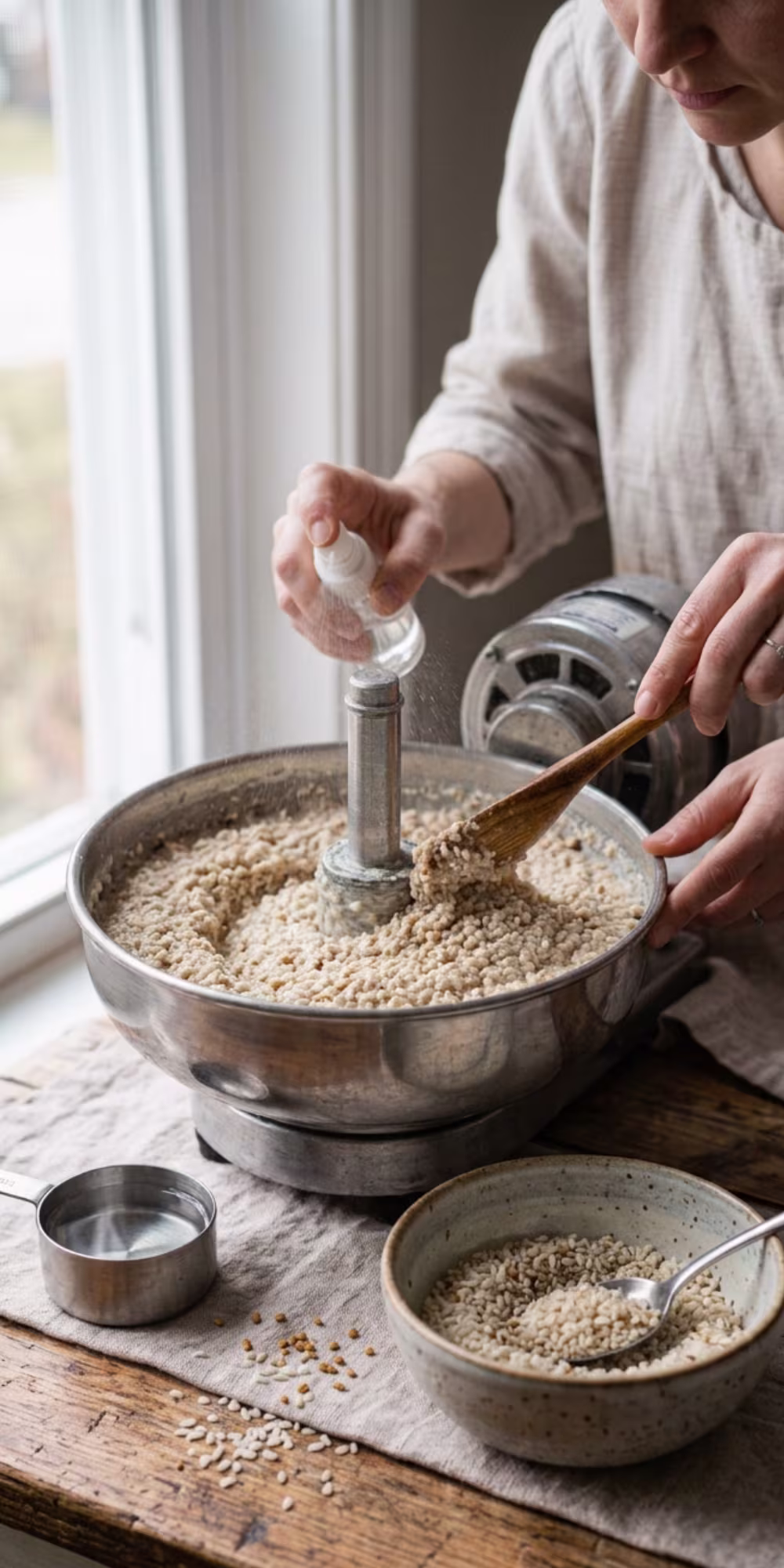 Soaked rice and fenugreek seeds being ground for dosa batter