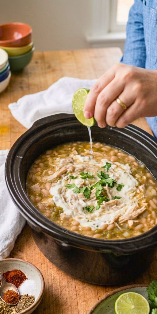 Crockpot white chicken chili served with avocado cilantro lime and tortilla strips