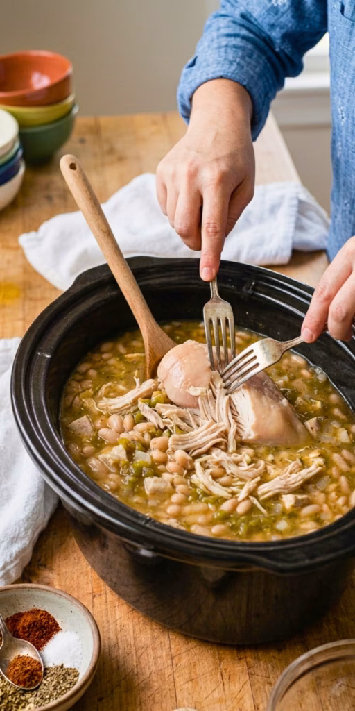 Tender shredded chicken being added back to Crockpot white chicken chili