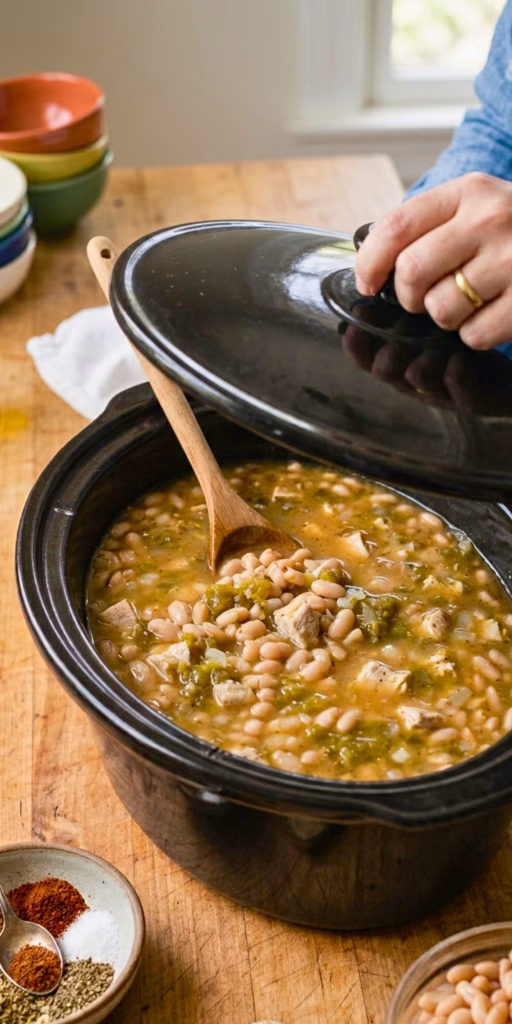 Slow cooked chicken white beans and green chiles in Crockpot