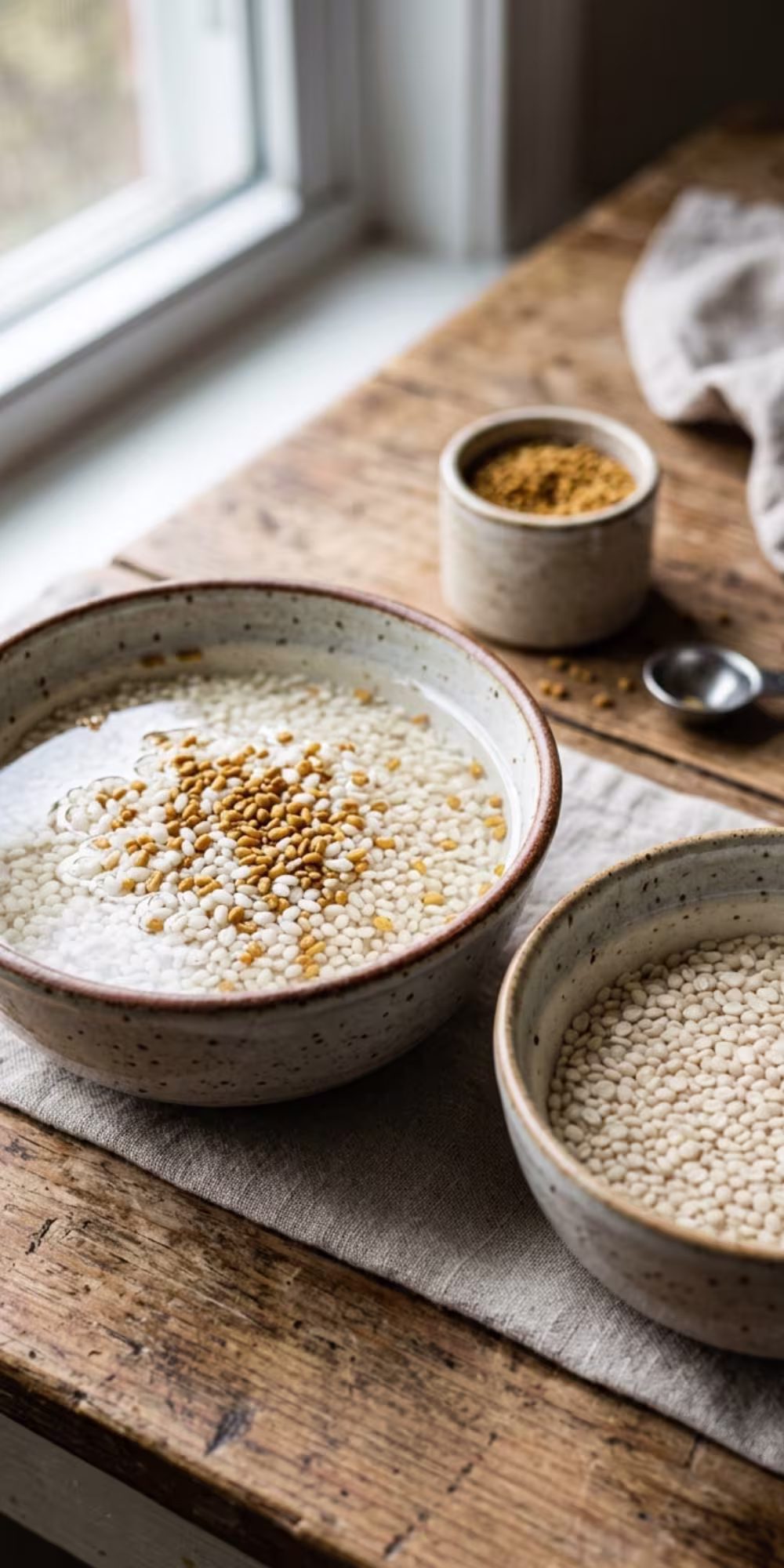Rice and fenugreek seeds soaking in water for dosa batter