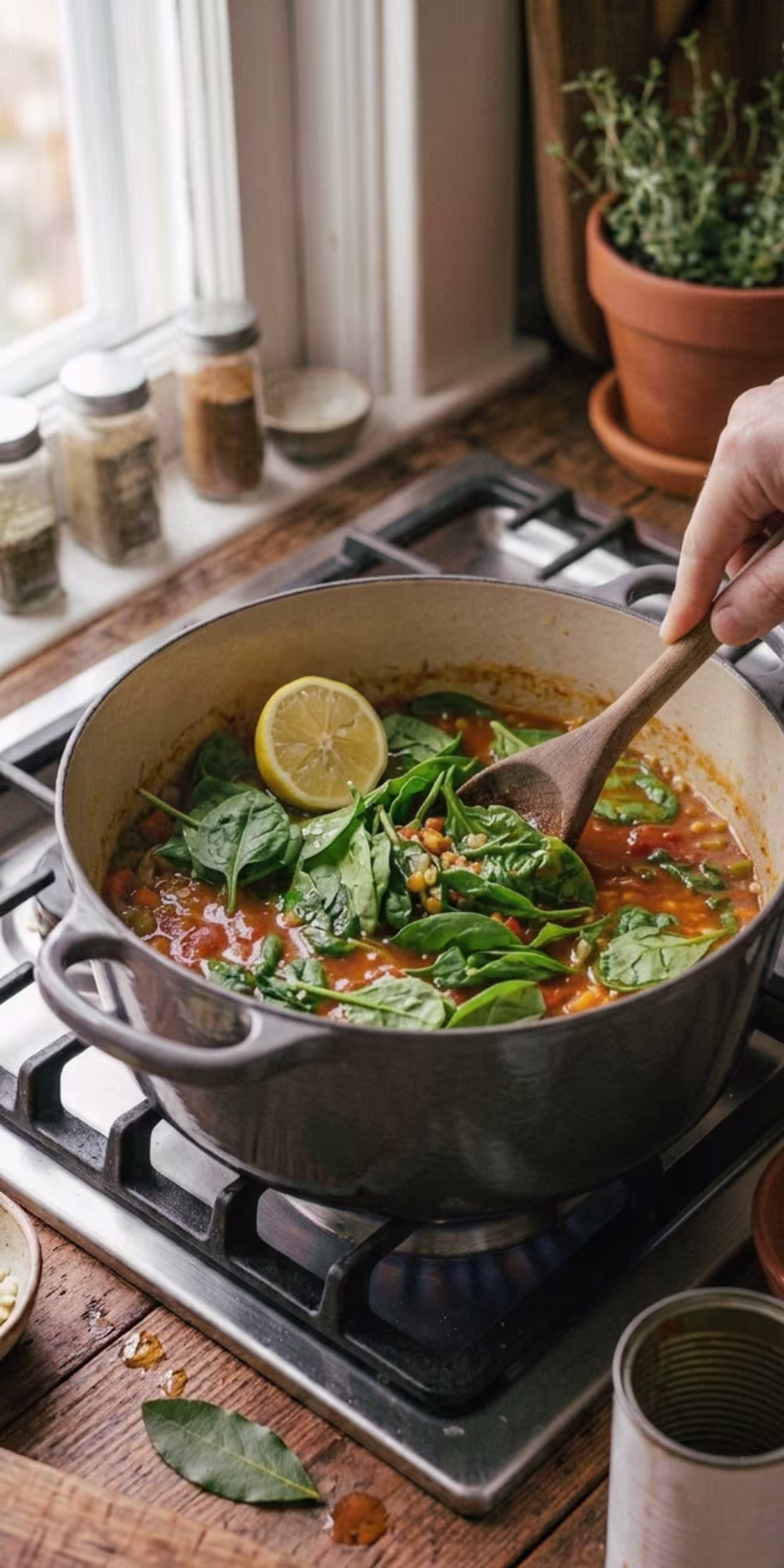 Fresh spinach folded into a steaming pot of vegan green lentil and vegetable stew
