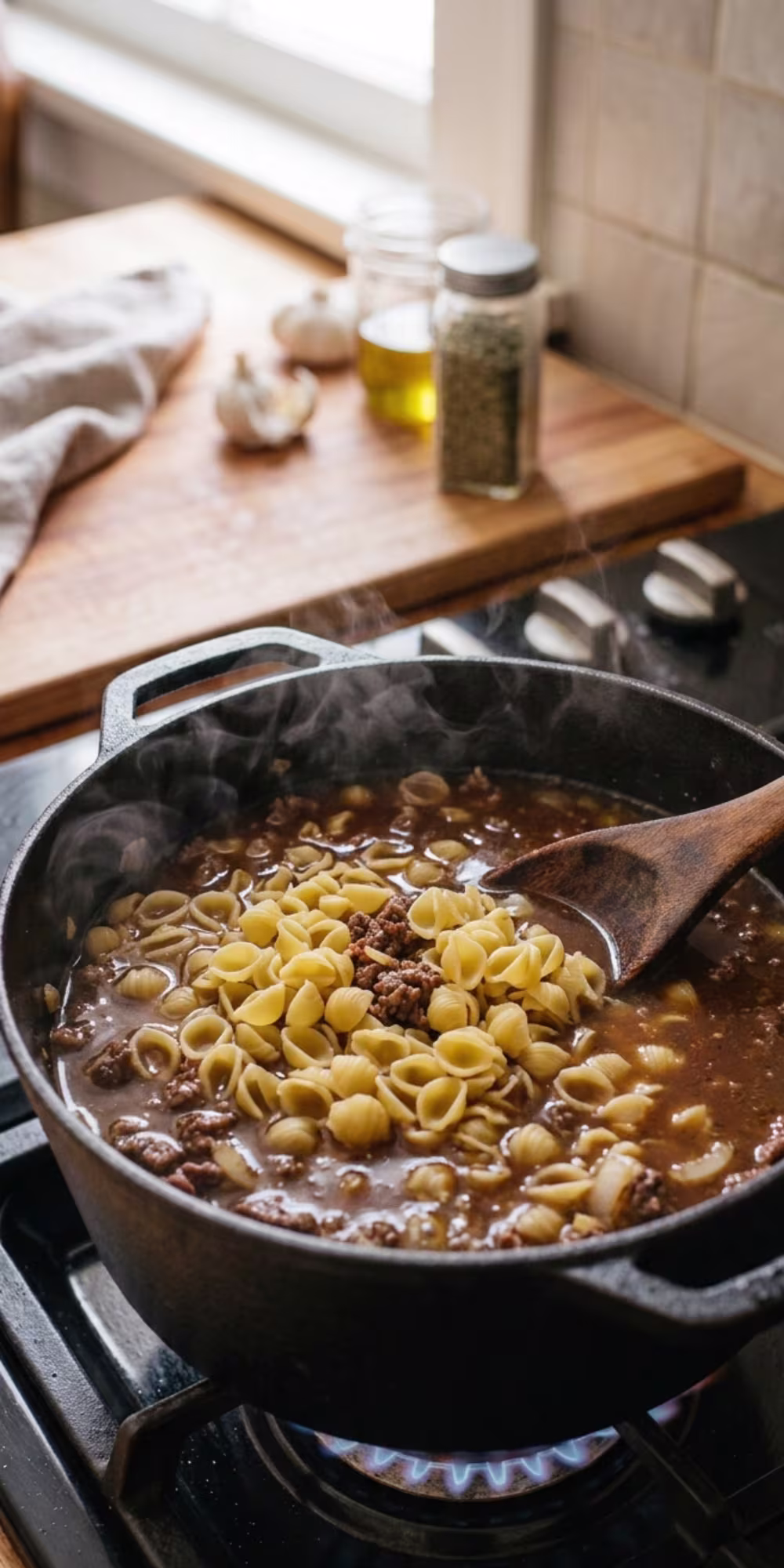 Beef broth and uncooked pasta added to one pot beef pasta