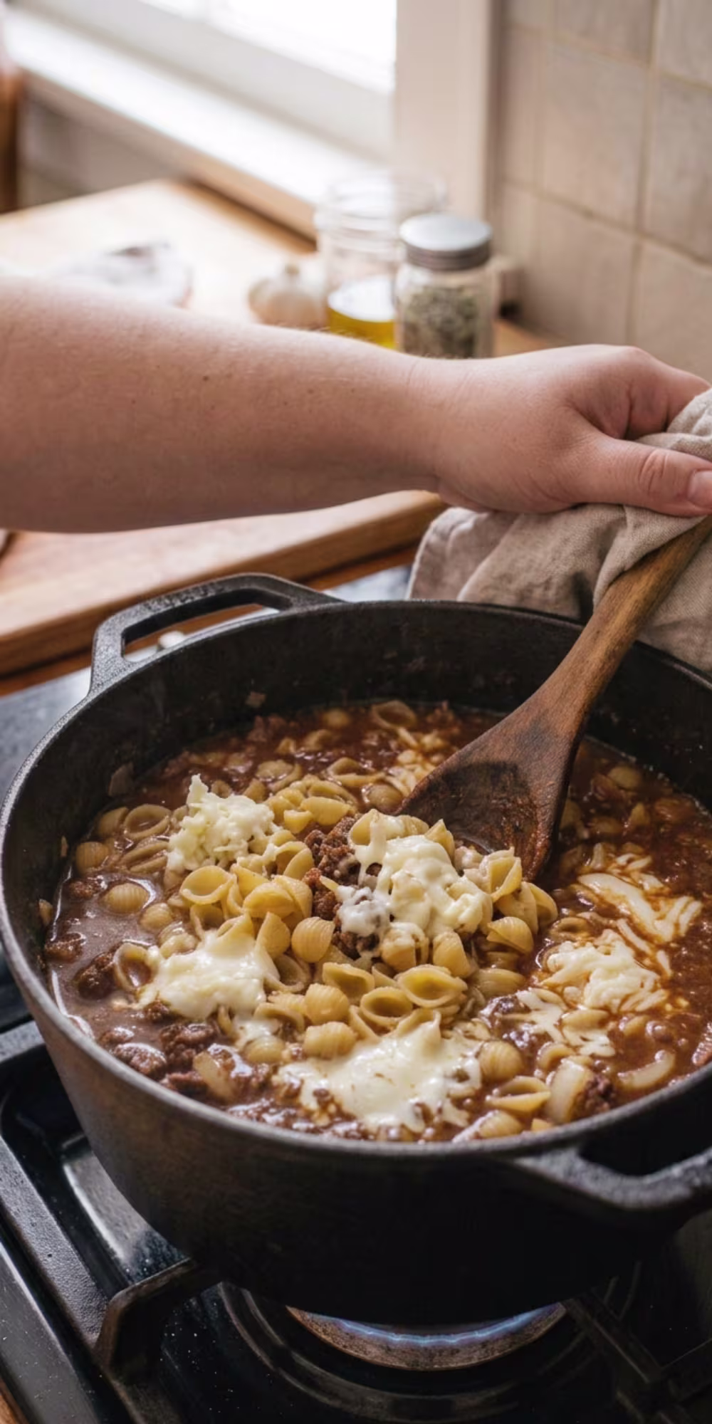Cheese being stirred into homemade one pot beef pasta