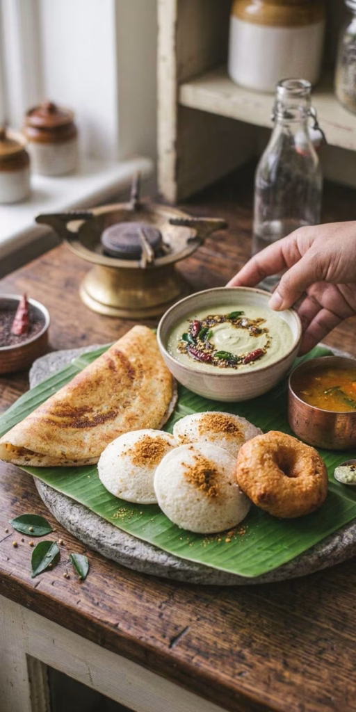 South Indian Coconut Chutney (Authentic Dosa Companion) 5 Finished South Indian coconut chutney garnished with mustard seeds and curry leaves served alongside crispy dosa