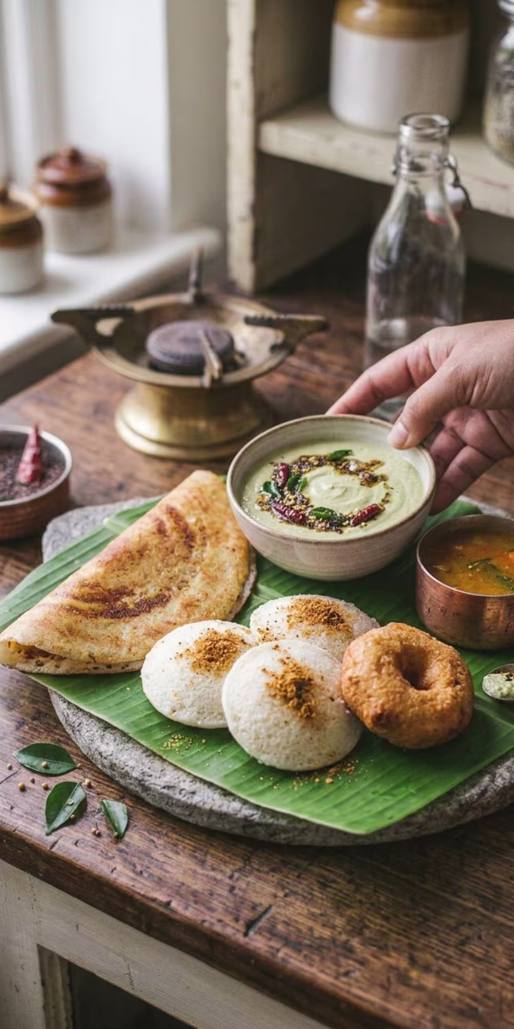 Finished South Indian coconut chutney garnished with mustard seeds and curry leaves served alongside crispy dosa