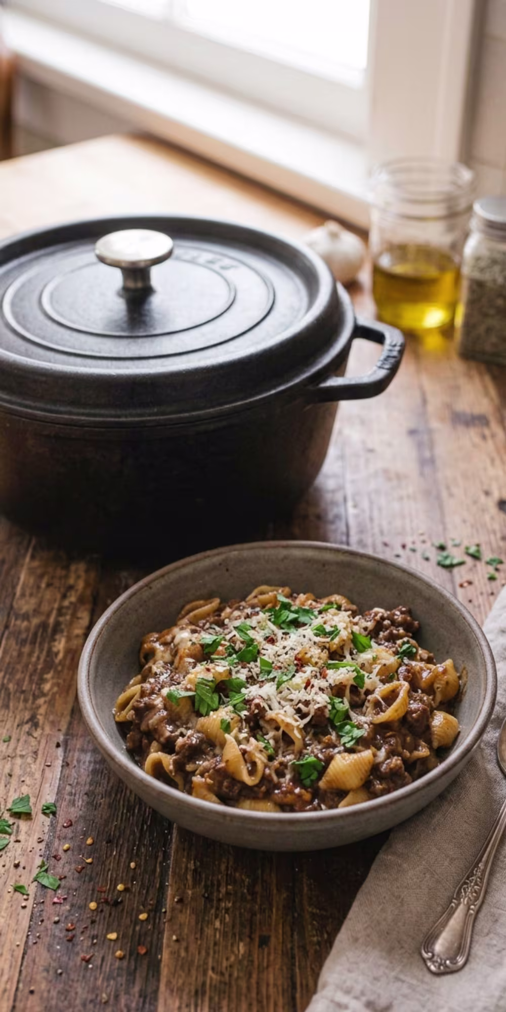 Finished cheesy one pot beef pasta ready to serve