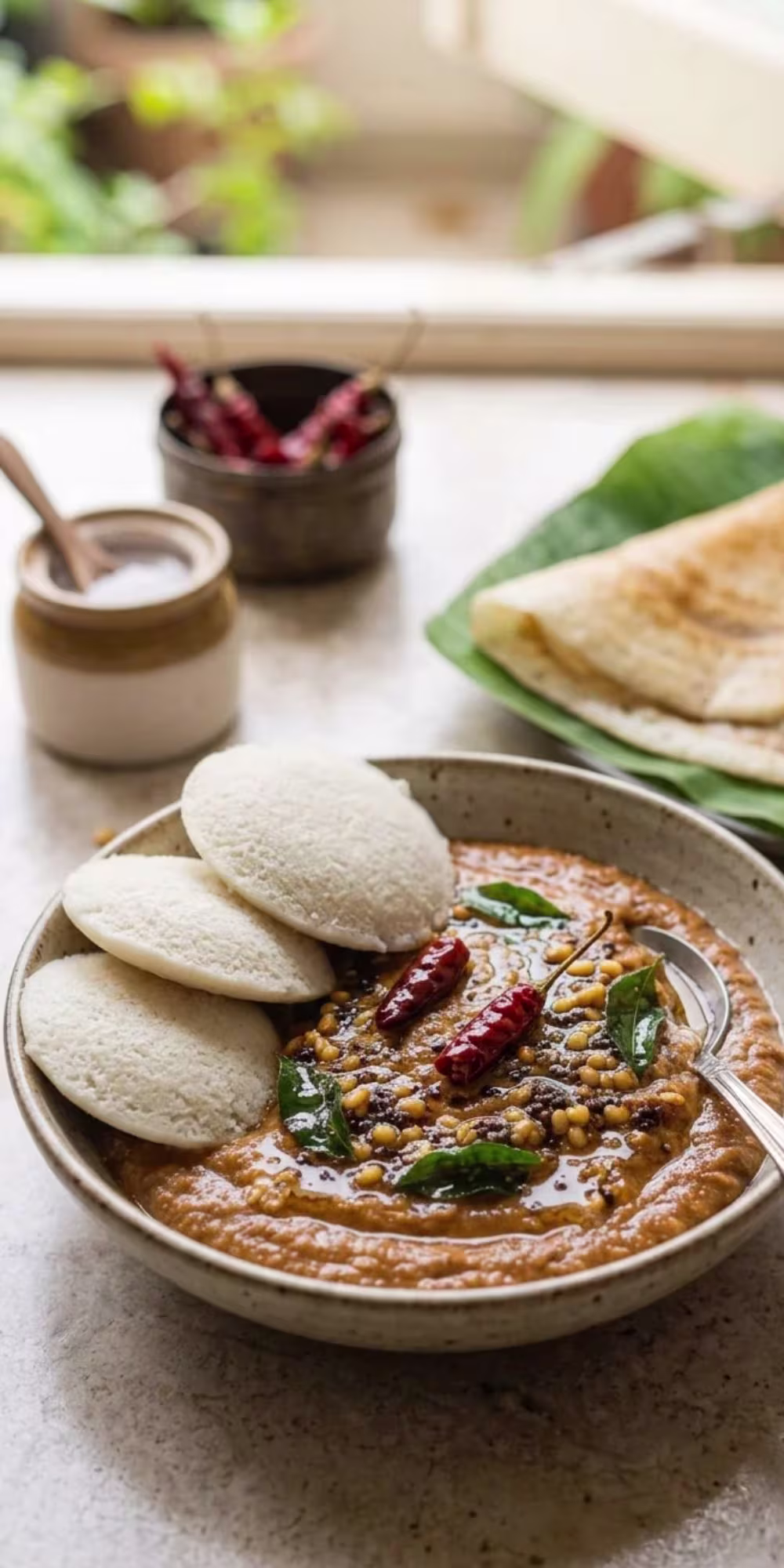 Finished homemade Vengaya Chutney garnished with curry leaves and served alongside South Indian dosa and idli