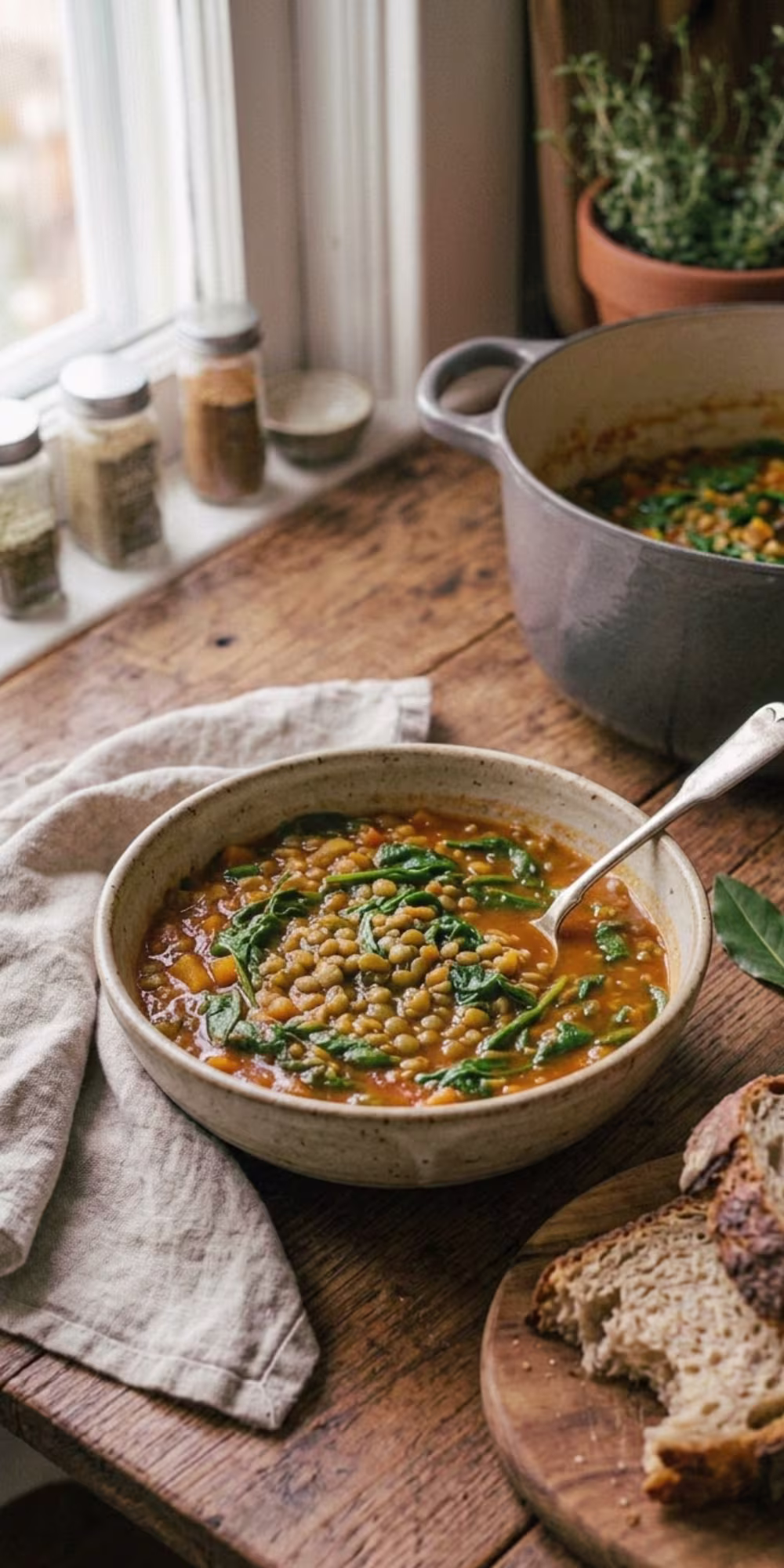 Finished one pot lentil stew with tender green lentils tomatoes carrots spinach and fresh herbs served in a bowl