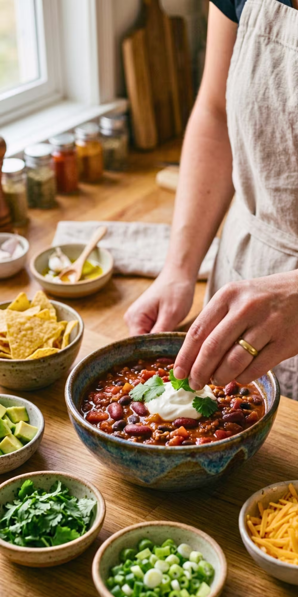 Finished one pot vegetarian chili topped with fresh cilantro avocado and lime in a serving bowl