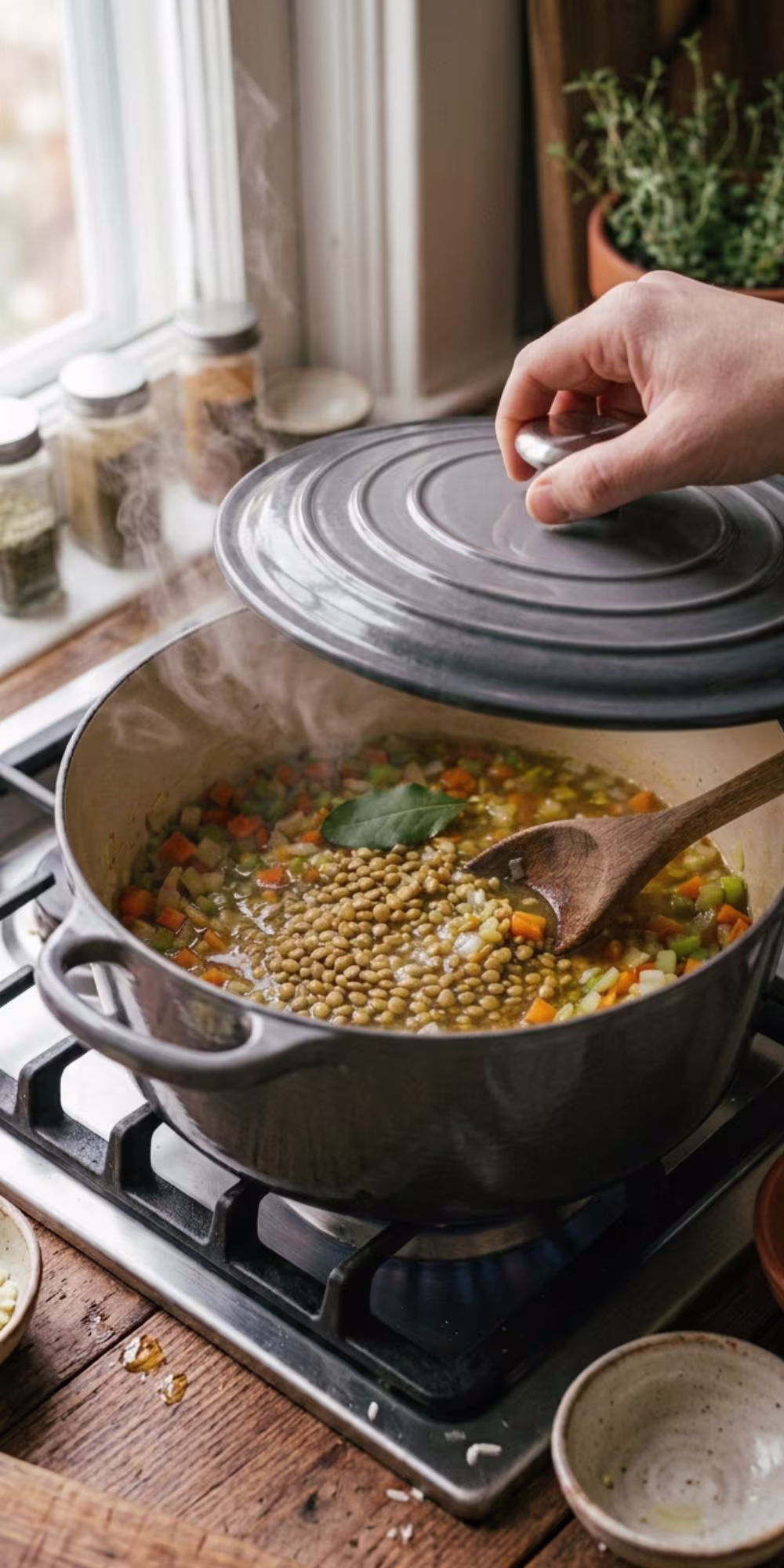 Green lentils gently simmering with onions carrots celery herbs and vegetable broth in a covered cooking pot