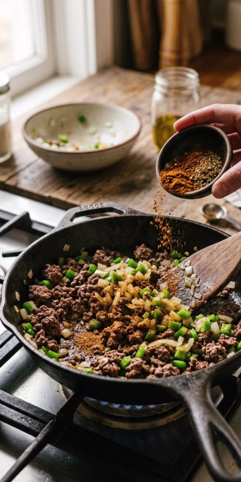 Ground beef and sautéed vegetables seasoned with taco seasoning, garlic, and spices