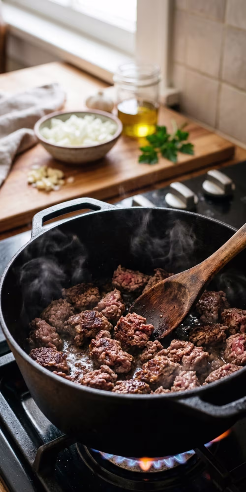 Ground beef browning in a skillet for one pot beef pasta