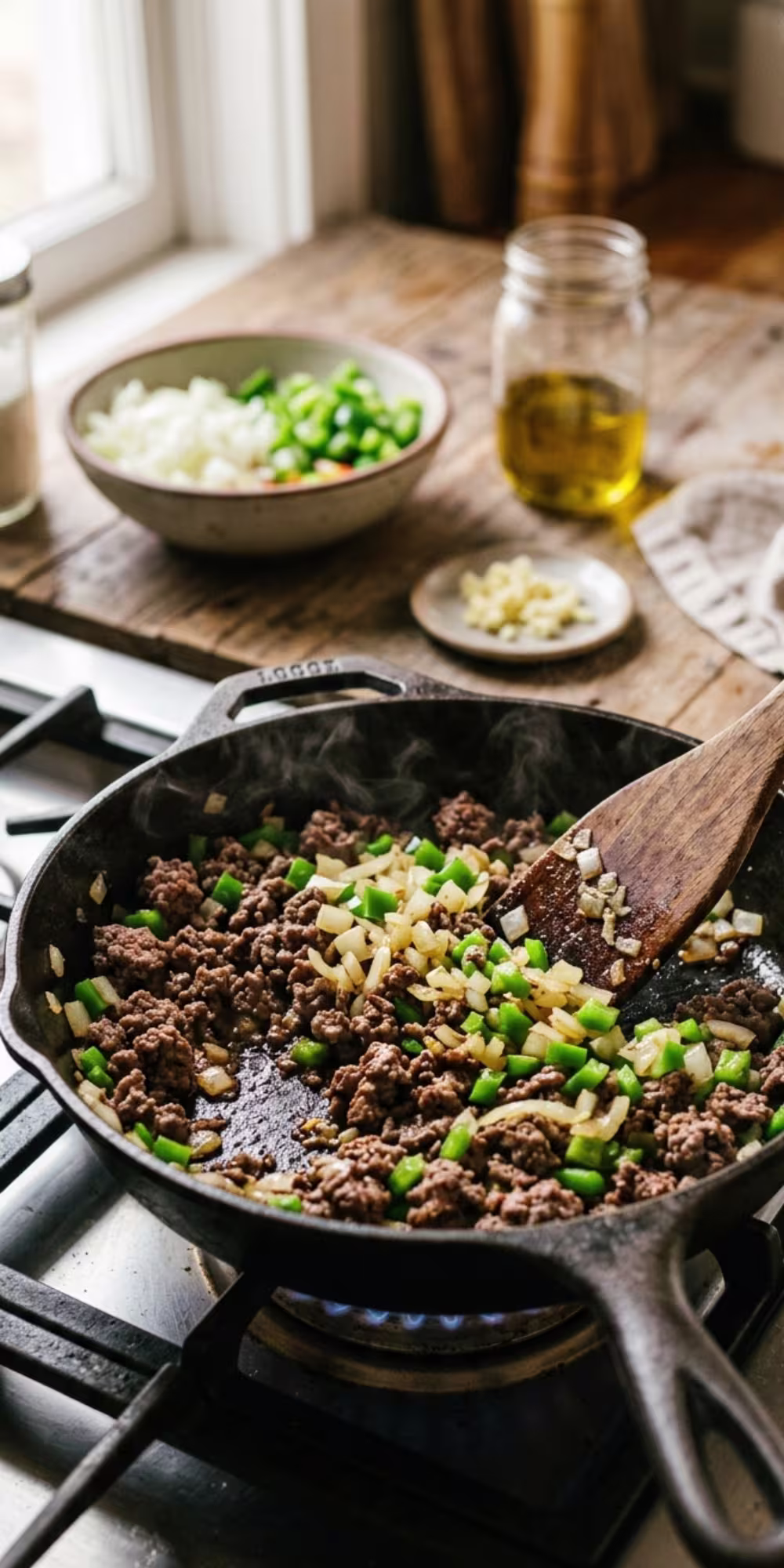 Ground beef browning in a large skillet for homemade one pot taco rice