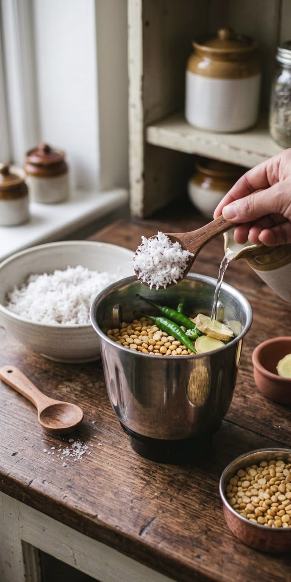 Fresh coconut, green chilies, ginger and roasted chana dal inside a mixer grinder jar for coconut chutney