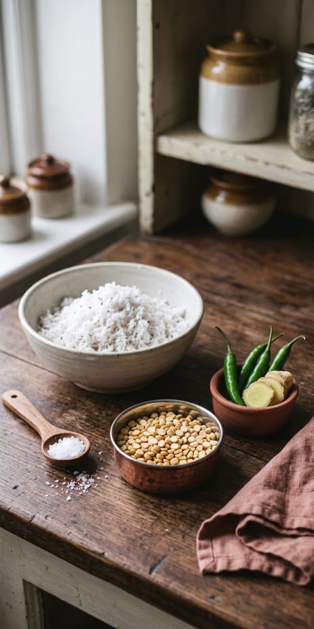 Freshly grated coconut, roasted chana dal, green chilies and ginger prepared for South Indian coconut chutney
