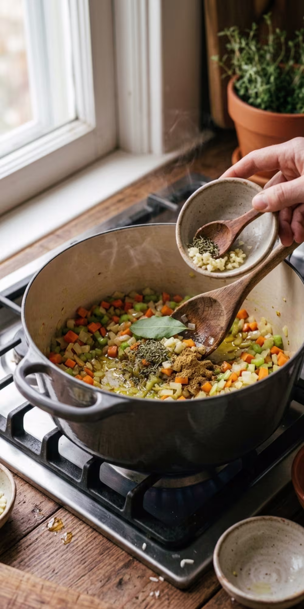 Minced garlic thyme and cumin stirred into softened vegetables in a pot for savory lentil stew