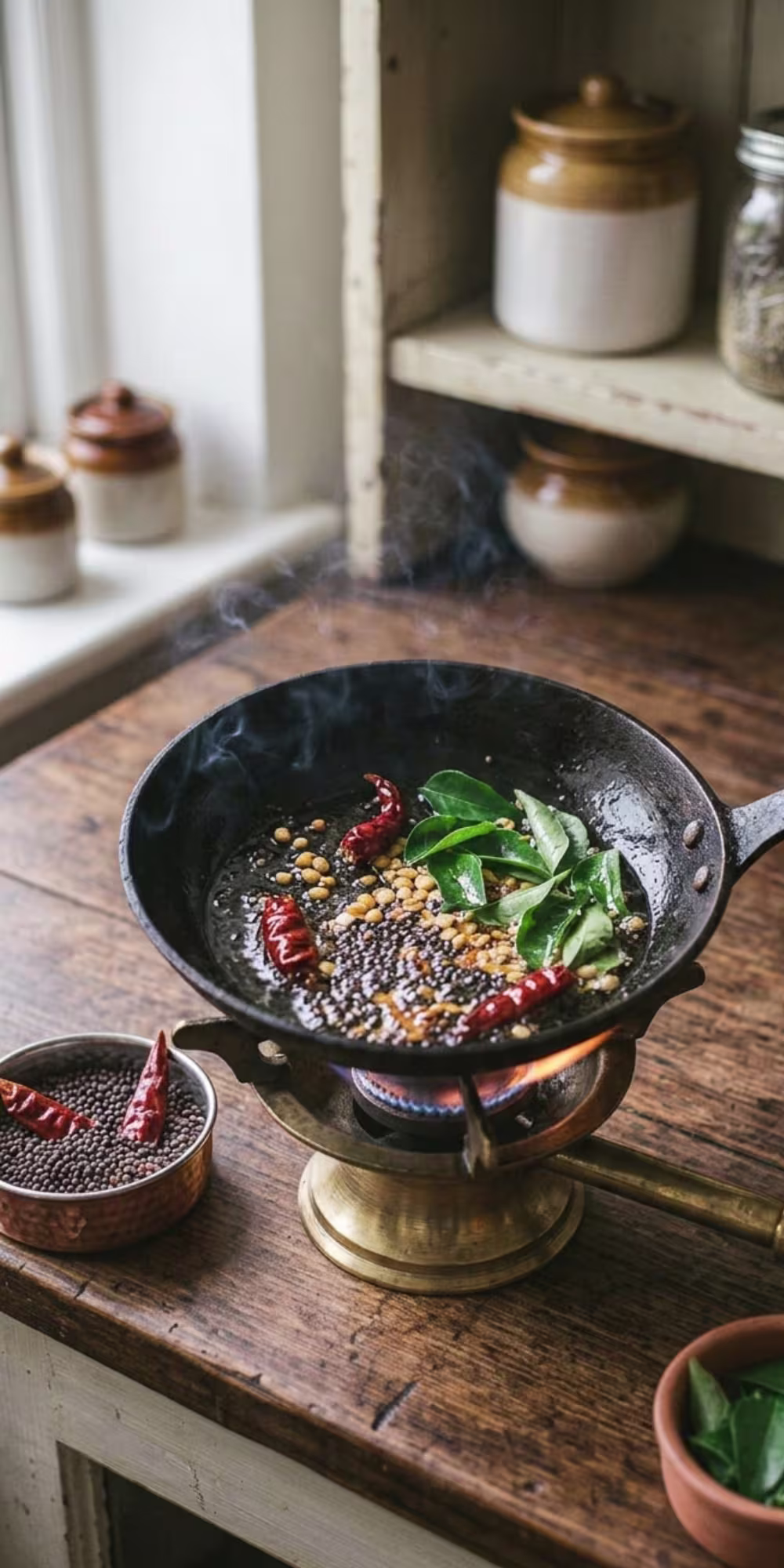 Mustard seeds and urad dal sizzling in hot oil while preparing traditional South Indian coconut chutney tempering