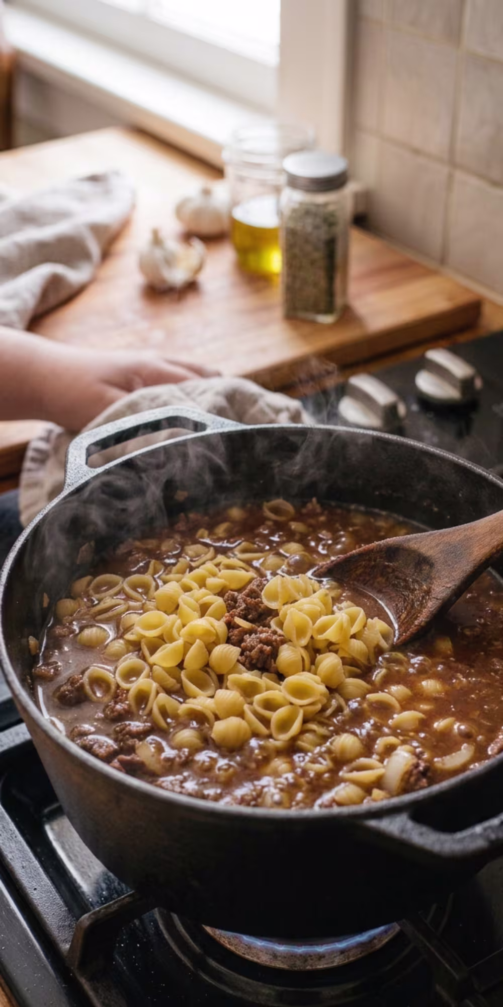 One pot beef pasta simmering until the pasta is tender