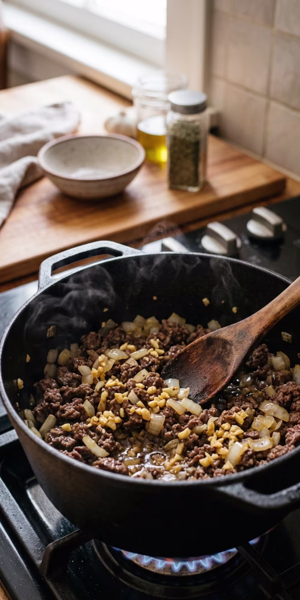 Onion and garlic cooking with browned ground beef for beef pasta