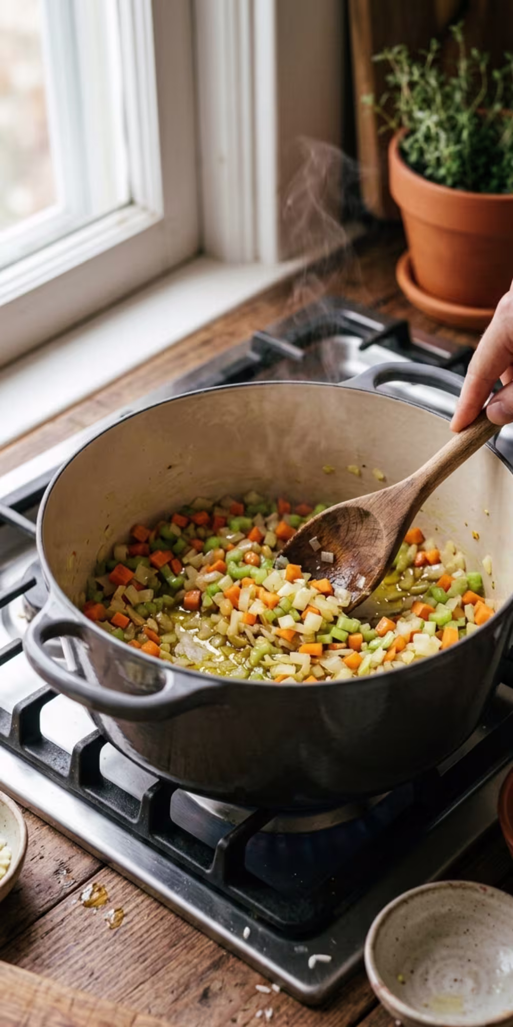 Onions carrots and celery sautéing in olive oil inside a large cooking pot for lentil vegetable stew
