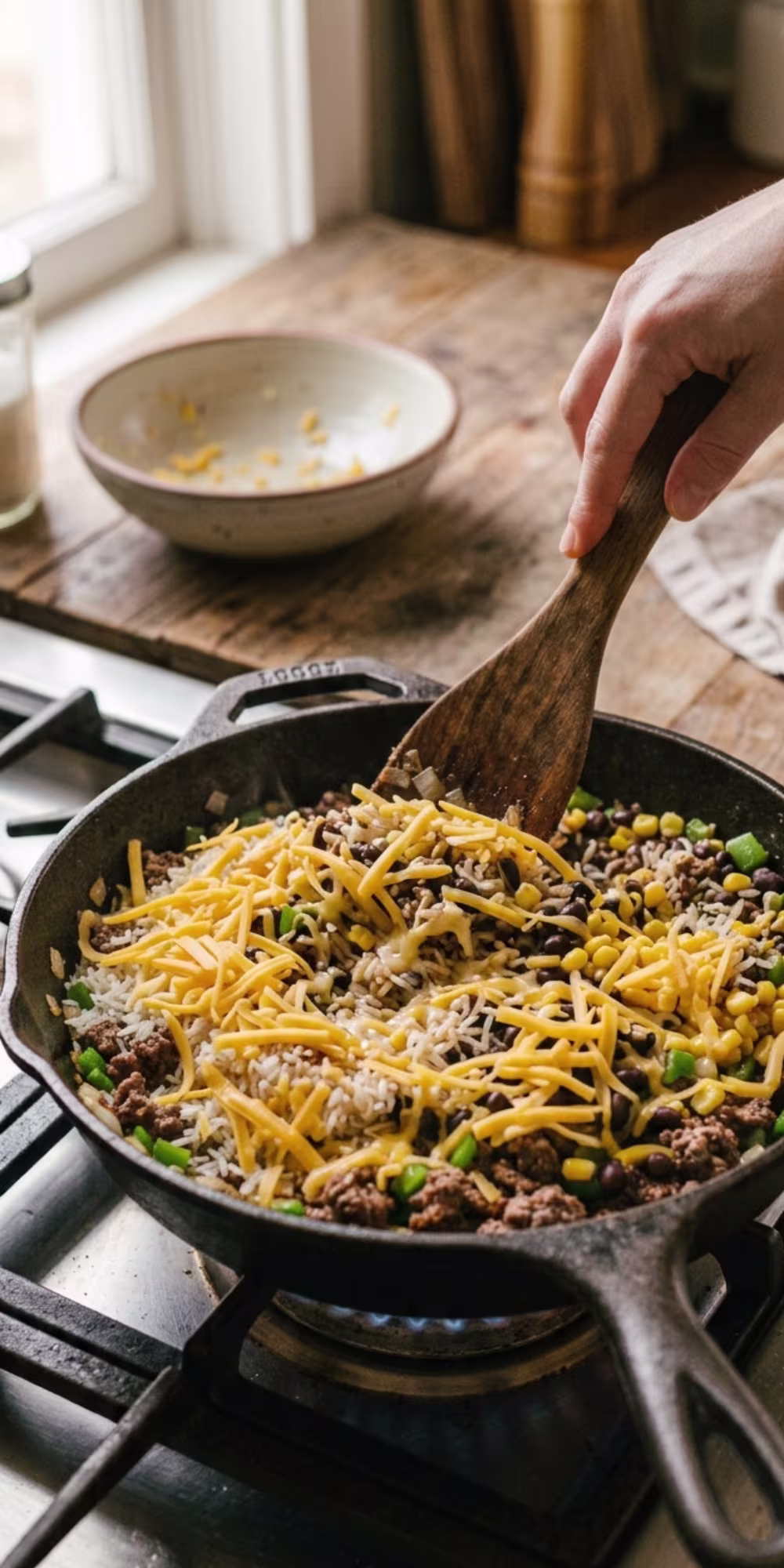 Shredded cheddar cheese melting over freshly cooked ground beef taco rice with beans and corn