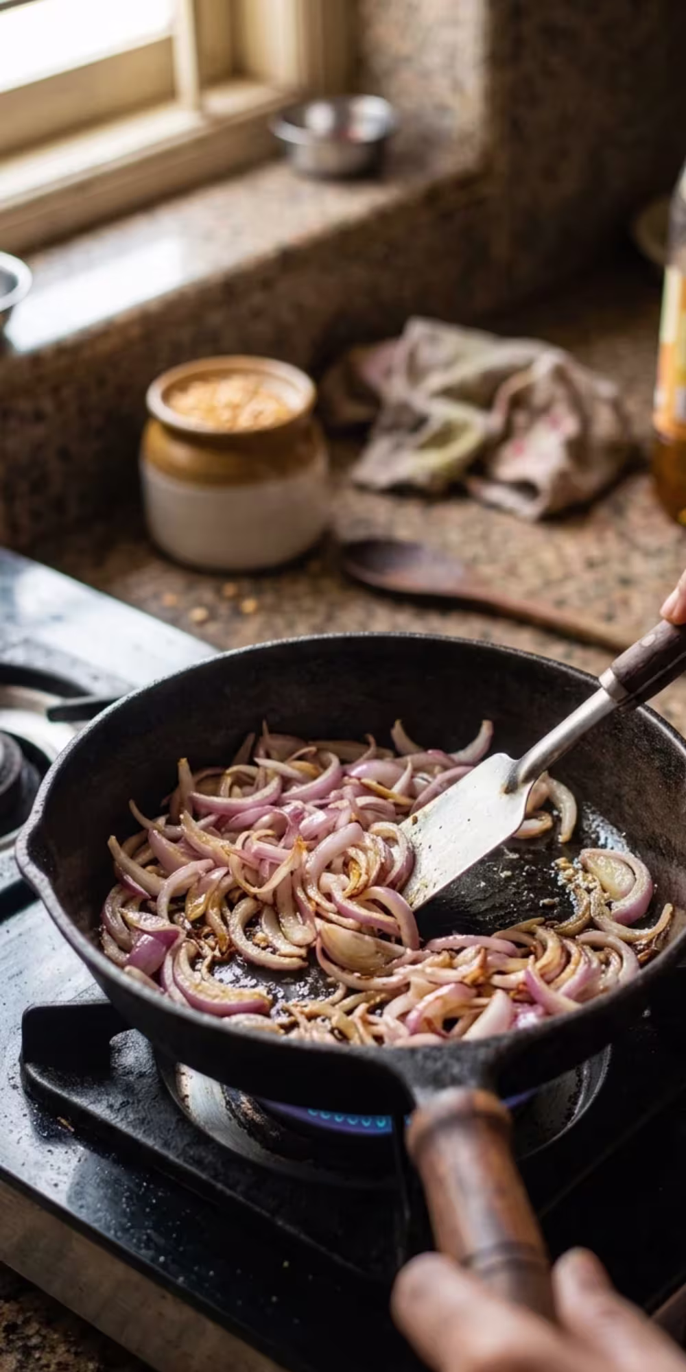Sliced onions and optional garlic sautéing in sesame oil for a traditional onion chutney recipe