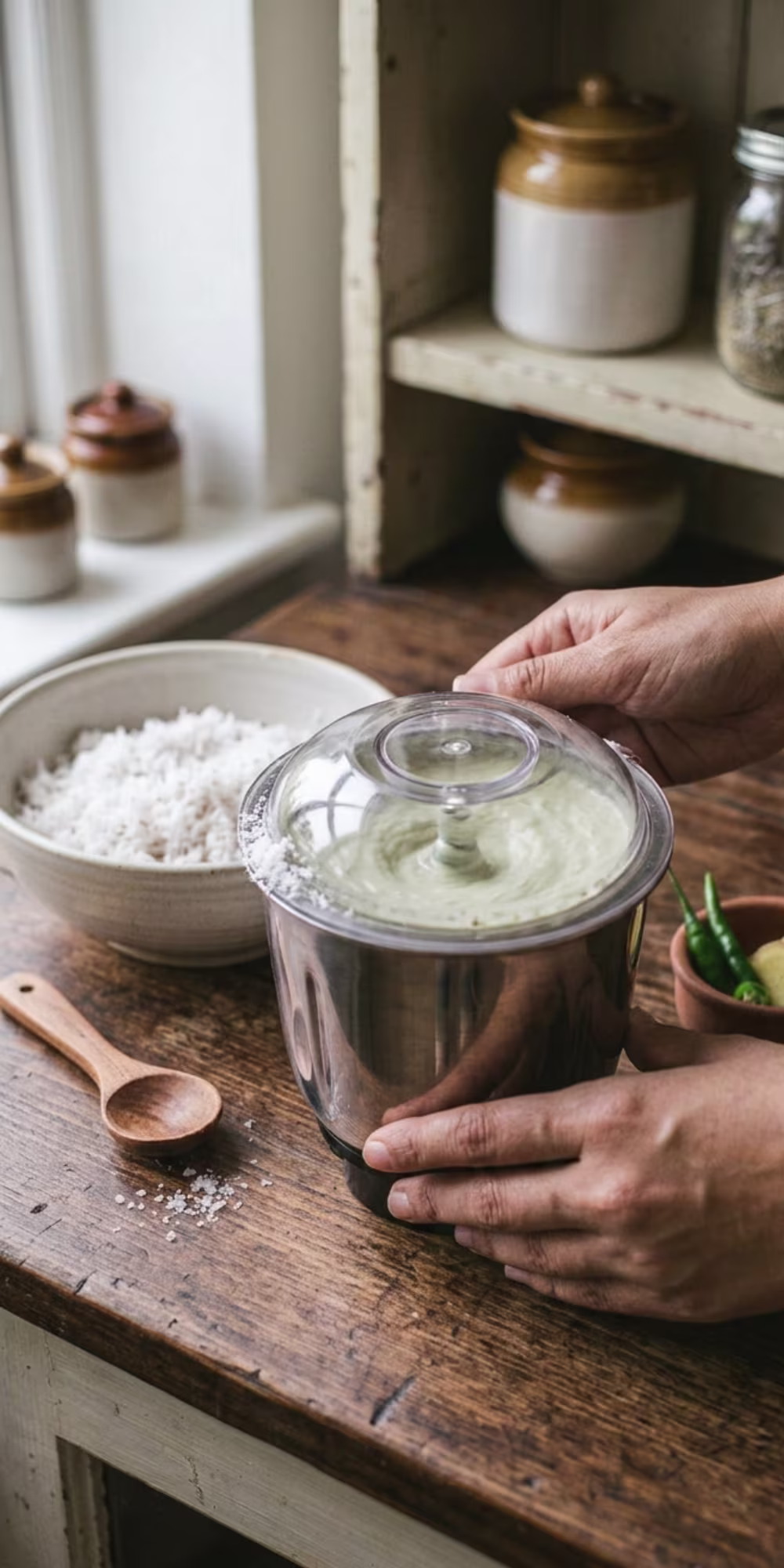 Creamy white South Indian coconut chutney being blended to a smooth consistency in a mixer grinder