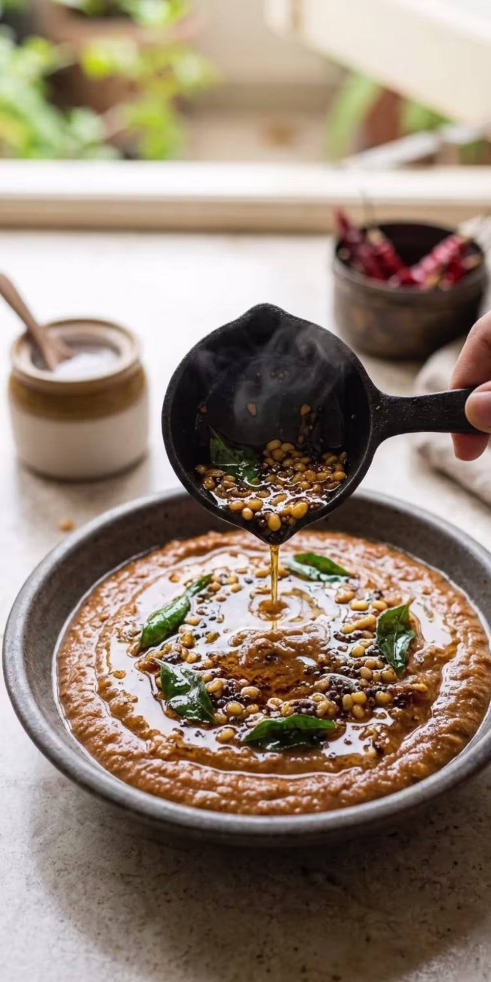Mustard seeds, urad dal and curry leaves sizzling in sesame oil for onion chutney tempering