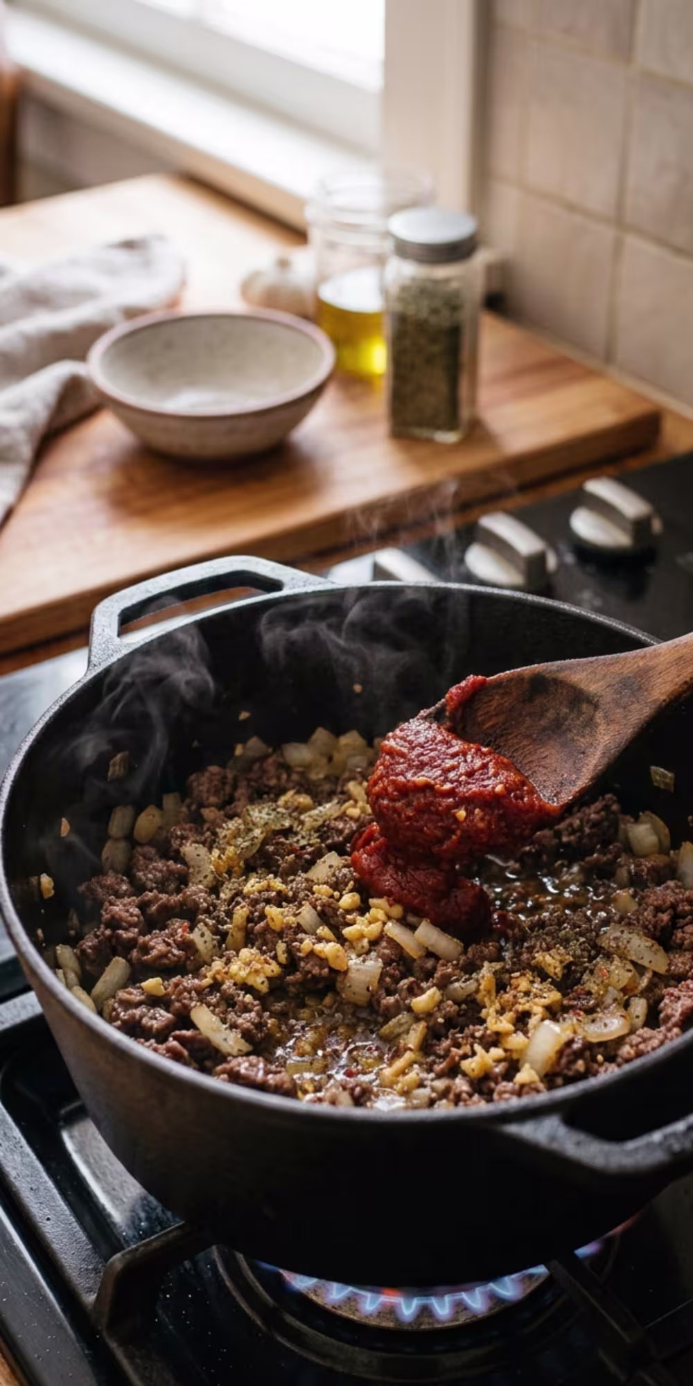 Tomato paste and seasonings added to ground beef for one pot pasta
